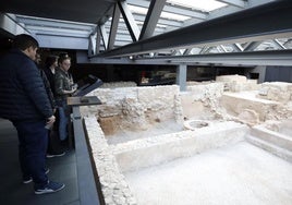 Un grupo de visitantes observa las ruinas romanas bajo la lámina de agua.
